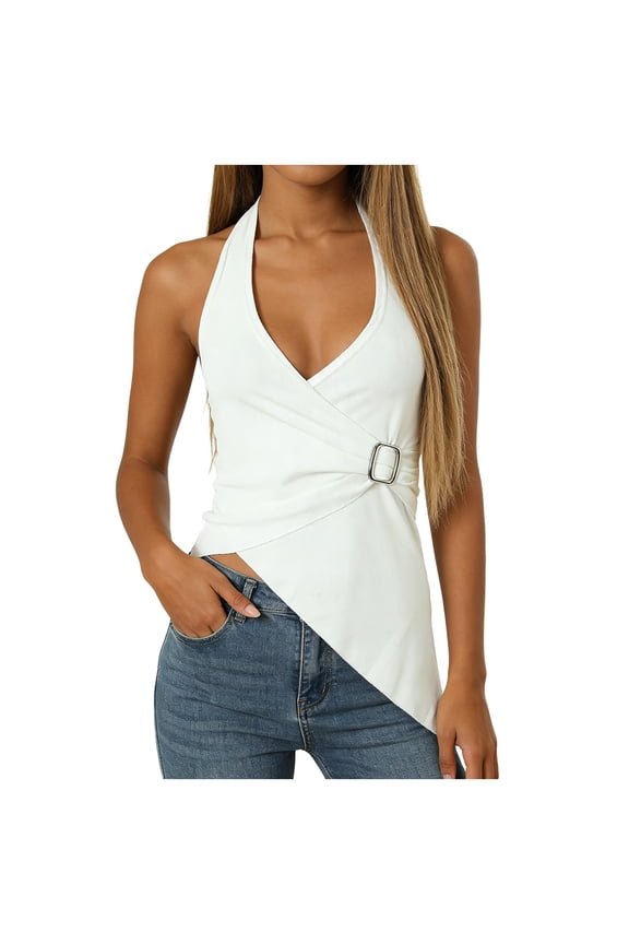 Halter Tops for Women Asymmetrical V Neck Backless Top Sleeveless Wrap Top Y2K Going Out Sexy Tops (White, L)
