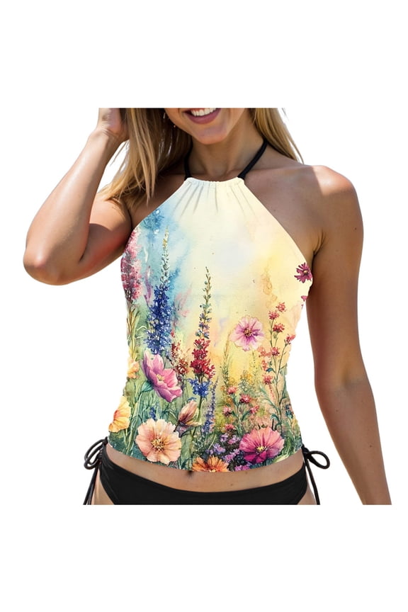 High Neck Tankini Top Backless Bathing Suit for Women Key Hole Swimsuit Swim Top Only (Light Yellow, S)