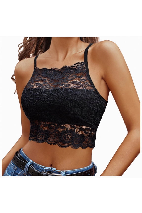 Lace Bralette for Women High Neck Camisoles Racerback Double-Layered Crop Top (Black, L)