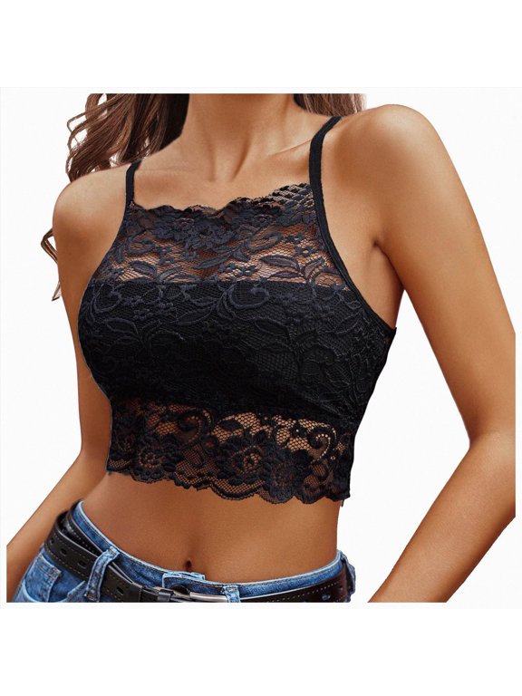 Lace Bralette for Women High Neck Camisoles Racerback Double-Layered Crop Top (Black, M)