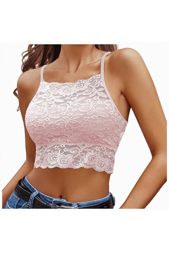 Lace Bralette for Women High Neck Camisoles Racerback Double-Layered Crop Top (Pink, S)