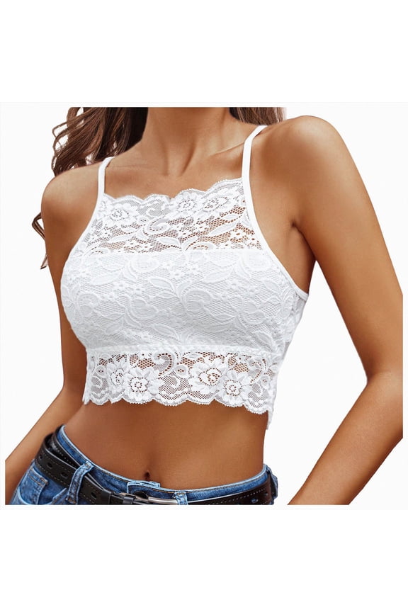 Lace Bralette for Women High Neck Camisoles Racerback Double-Layered Crop Top (White, M)