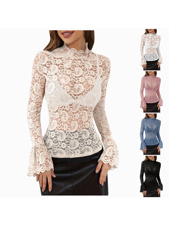 Lace Long Sleeve Tops for Women-Skin Friendly Crew Neck Wave Hem Floral Embroidered Crop Top (Pink, S)