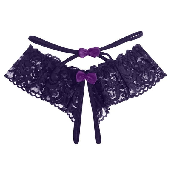 COMVALUE Lace Thongs for Women Strap Cheeky Underwear Floral Lace Panties Hollow Out G-String (Purple, One Size)