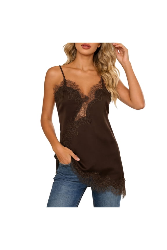 Lace Trim Camisole Tops for Women Layering Asymmetrical Patchwork Cami Spaghetti Strap Tank (Brown, L)