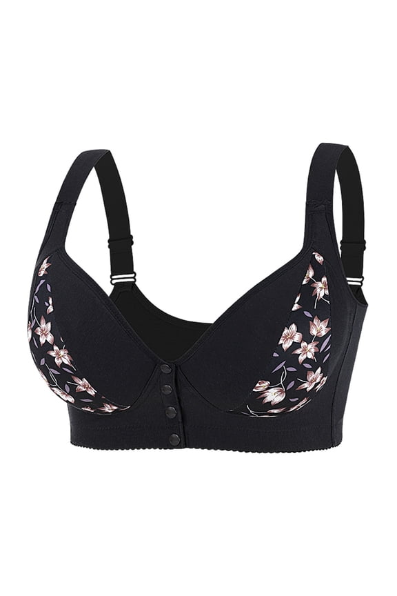 Plus Size Women's Breathable Print Front Button Bra for Daily Wear (Black, 44C)