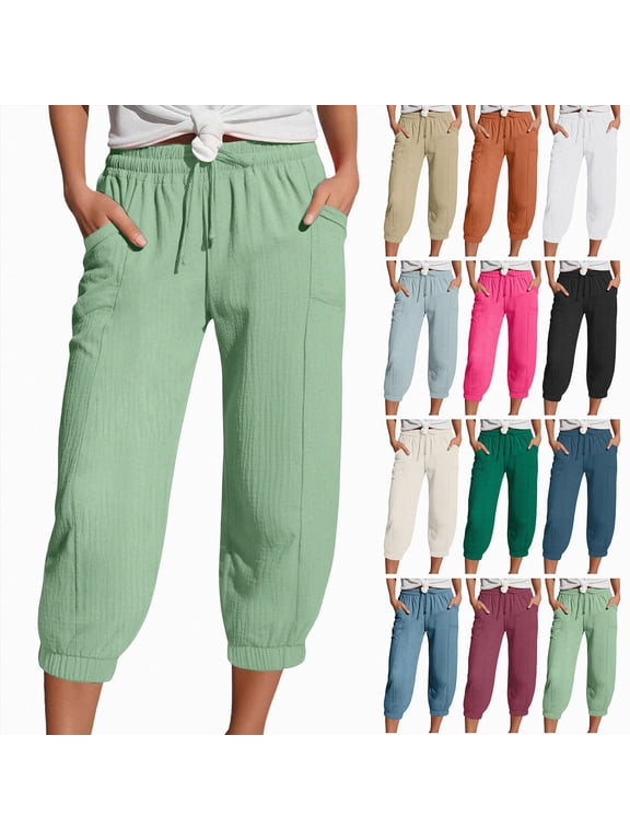 Linen Capri Pants for Women Baggy Straight Leg Gauze Yoga Pant Loose Comfy Cropped Trousers with Pockets Light Green L