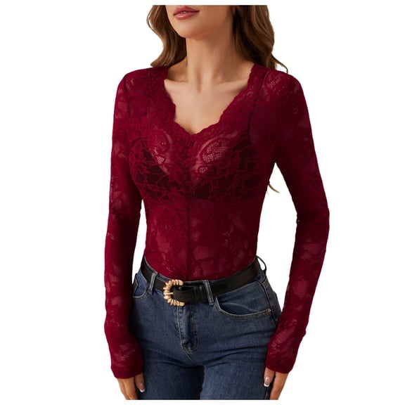 COMVALUE Long Sleeve Tops for Women V-Neck Sexy Mesh Club Shirts Date Outfits Slim Fit Floral Embroidery (Wine, M)