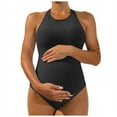 thumbnail image 1 of COMVALUE Maternity Swimsuit One Piece Bathing Suit Button Neck Cross Back (Black, L), 1 of 9