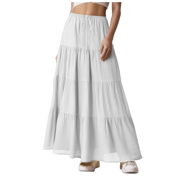 COMVALUE Maxi Skirt for Women Boho Long Skirts with Pockets High Waisted Ruffle Tiered Casual Fall Fashion Outfits (White, L)