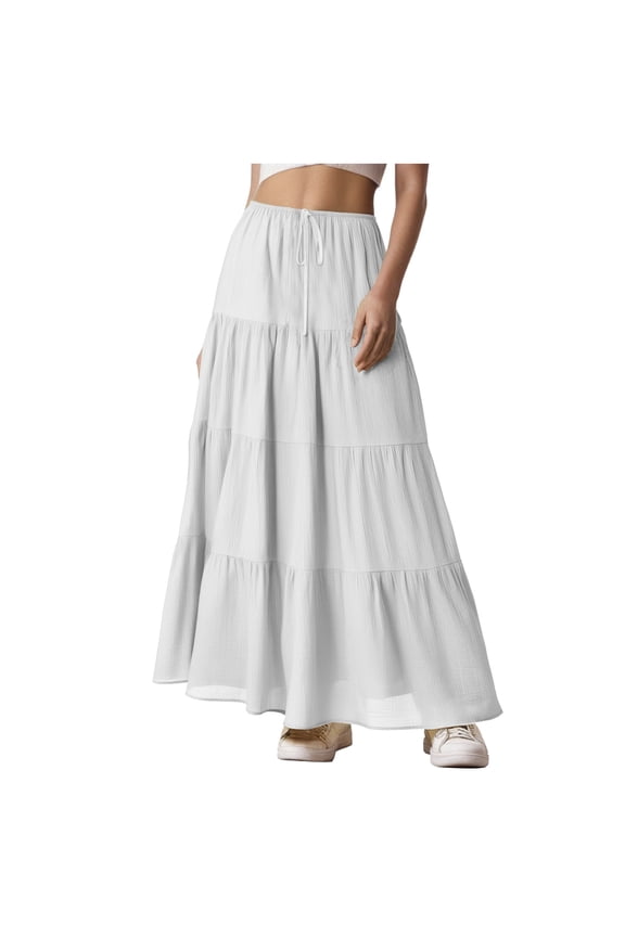 Maxi Skirt for Women Boho Long Skirts with Pockets High Waisted Ruffle Tiered Casual Fall Fashion Outfits (White, L)
