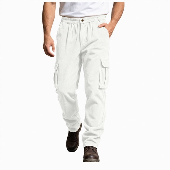 COMVALUE Men's Cargo Pants with Pockets Cotton Hiking Sweatpants Casual Athletic Jogger Sports Outdoor Trousers Relaxed Fit (White, L)