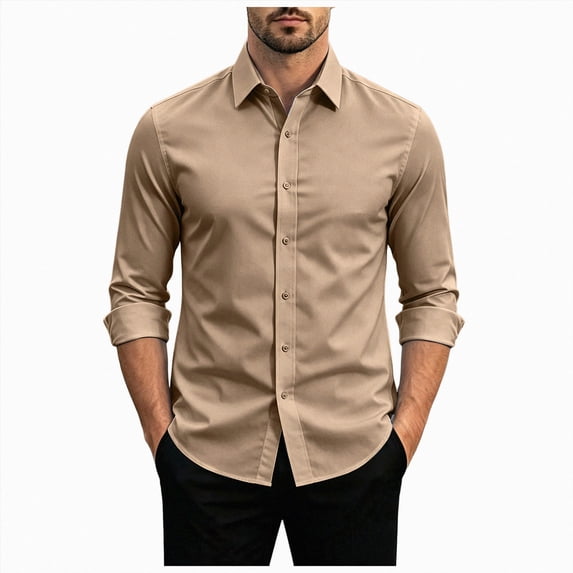 COMVALUE Men's Dress Shirt Regular Fit Solid Business Formal Long Sleeve Button Up Stretch Shirts (Khaki, L)