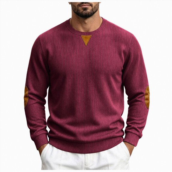 COMVALUE Men's Fall Crewneck Sweatshirts Patchwork Long Sleeve Corduroy Texture Casual Pullover Shirt (Wine, XL)