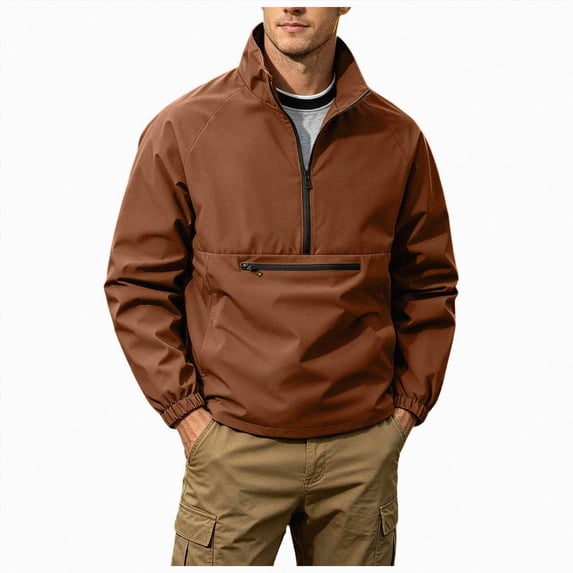 COMVALUE Men's Lightweight Quarter Zip Pullover Casual Windbreaker for Running Golf Jackets with 3 Pockets (Coffee, L)