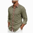 thumbnail image 1 of COMVALUE Men's Linen Shirt Long Sleeve Button Down Collar with Contrast Placket Regular Fit Casual Beach Tops (Army Green, L), 1 of 7