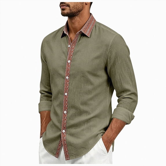 COMVALUE Men's Linen Shirt Long Sleeve Button Down Collar with Contrast Placket Regular Fit Casual Beach Tops (Army Green, L)