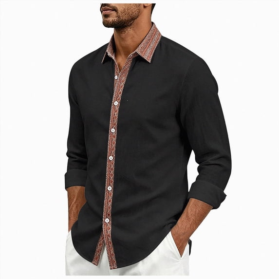 COMVALUE Men's Linen Shirt Long Sleeve Button Down Collar with Contrast Placket Regular Fit Casual Beach Tops (Black, S)
