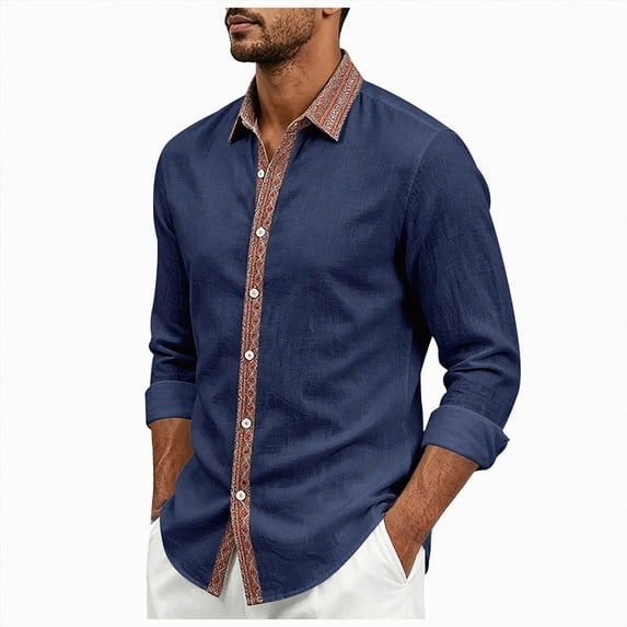 COMVALUE Men's Linen Shirt Long Sleeve Button Down Collar with Contrast Placket Regular Fit Casual Beach Tops (Navy, M)