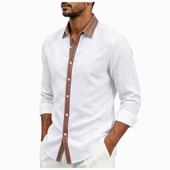 COMVALUE Men's Linen Shirt Long Sleeve Button Down Collar with Contrast Placket Regular Fit Casual Beach Tops (White, M)