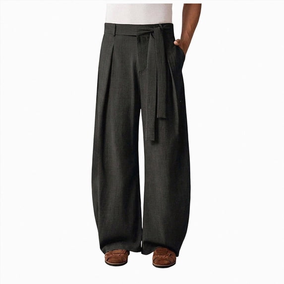 COMVALUE Men's Summer Pleated Linen Wide Leg Pants Loose Fit Draped Retro Casual Trousers (Black, S)
