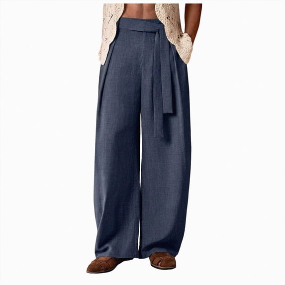 COMVALUE Men's Summer Pleated Linen Wide Leg Pants Loose Fit Draped Retro Casual Trousers (Navy, XL)