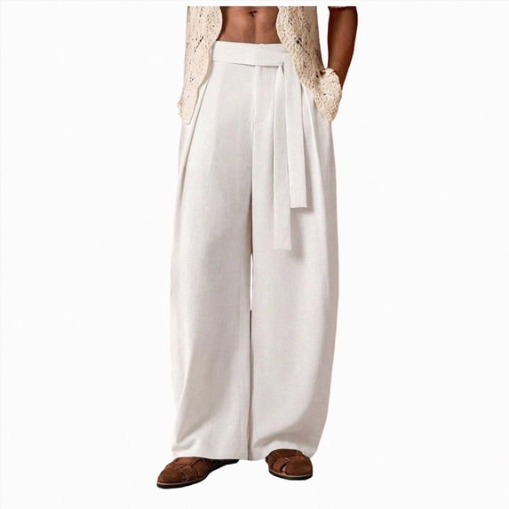 COMVALUE Men's Summer Pleated Linen Wide Leg Pants Loose Fit Draped Retro Casual Trousers (White, S)