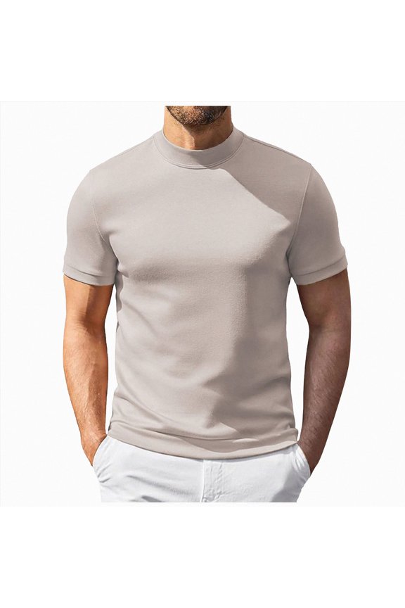 Men's Turtleneck Compression T-Shirt Slim Fit Short Sleeve Mock Neck Shirt Pullover Athletic Basic Undershirt (Beige, XL)