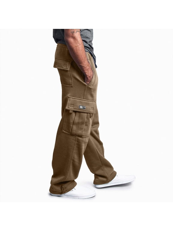 Mens Cargo Fleece Sweatpants Elastic Waist Drawstring Multi Pocket Loose Fit Casual Jogger Pants for Daily Wear