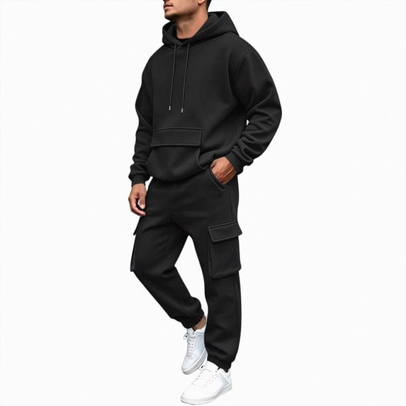 COMVALUE Mens Cargo Tracksuit 2 Piece Hooded Outfit Loose Fit Hoodie and Jogger Pants with Multi Side Pockets for Casual Daily Wear