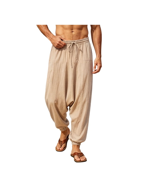 Mens Harem Pants Baggy Hippie Cotton Linen Yoga Beach Trouser | Cotton Linen, Loose Boho, Yoga Beach, Drop Crotch Trouser, Casual (Khaki, S)