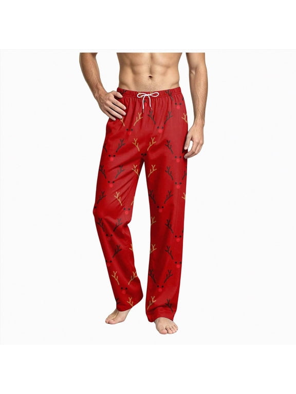 Mens Holiday Reindeer Print Pajama Pants Elastic Drawstring Waist Loose Fit Soft Fabric Mens Indoor Loungewear Trousers