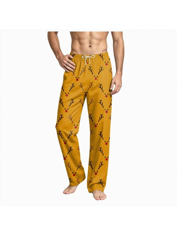 Mens Holiday Reindeer Print Pajama Pants Elastic Drawstring Waist Loose Fit Soft Fabric Mens Indoor Loungewear Trousers