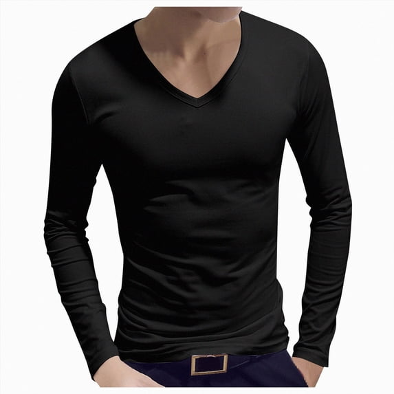 COMVALUE Mens Solid V Neck Long Sleeve T Shirt Slim Cut Soft Lightweight Basic Tee For Casual Daily Wardrobe