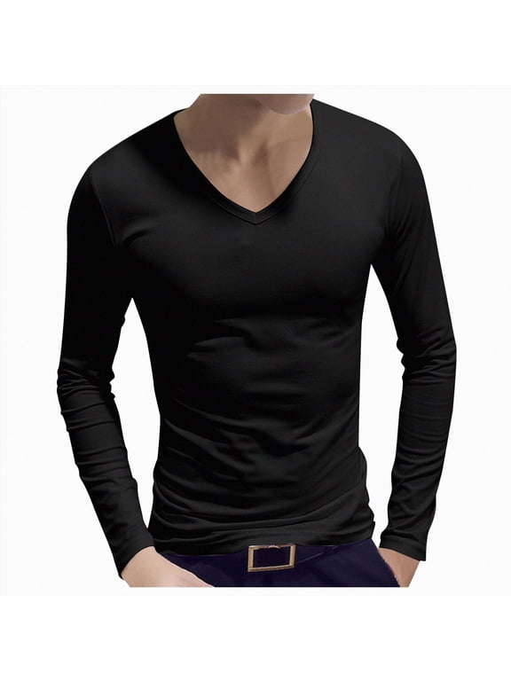 Mens Solid V Neck Long Sleeve T Shirt Slim Cut Soft Lightweight Basic Tee For Casual Daily Wardrobe
