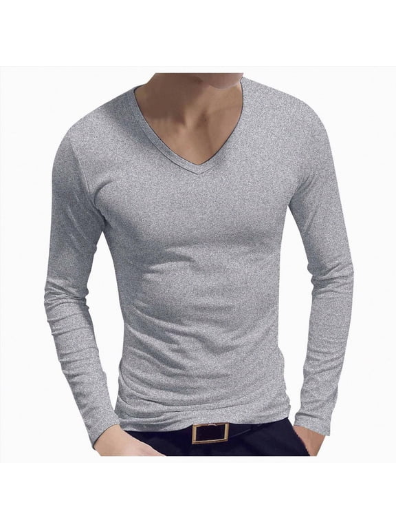 Mens Solid V Neck Long Sleeve T Shirt Slim Cut Soft Lightweight Basic Tee For Casual Daily Wardrobe