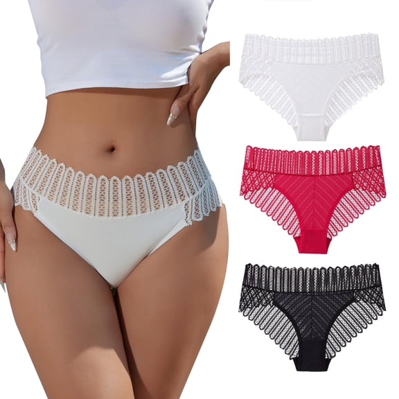 COMVALUE Middle Waist Ladies Seamless Mesh Lace Underwear for Women Lace No Show Bikini Soft Breathe (Black, XL)