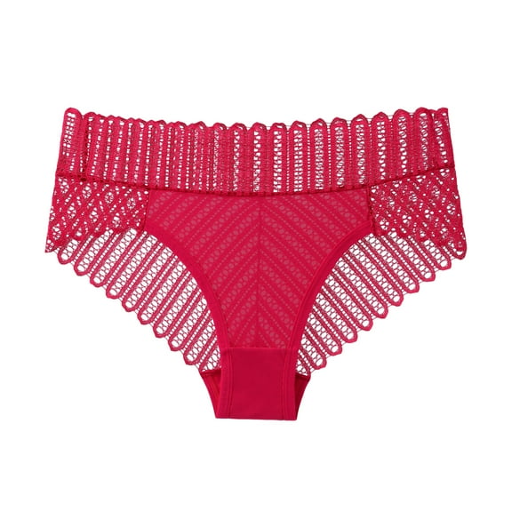 COMVALUE Middle Waist Ladies Seamless Mesh Lace Underwear for Women Lace No Show Bikini Soft Breathe (Red, S)