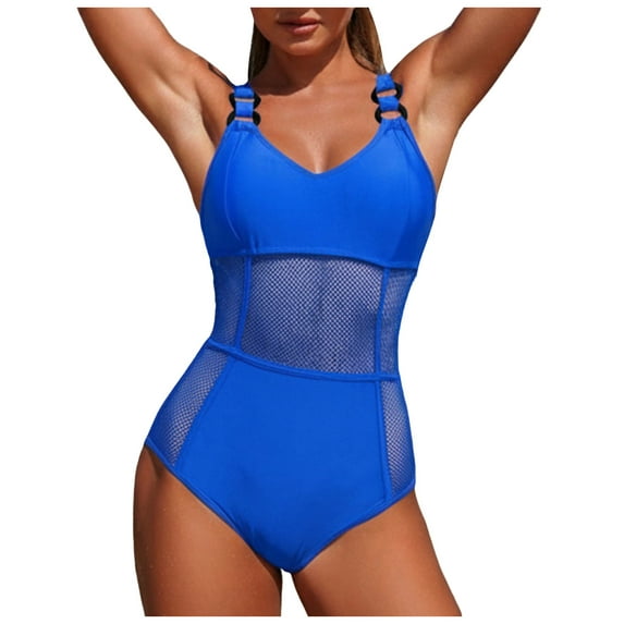 COMVALUE One Piece Mesh Swimsuits for Women-Sexy V Neck Tummy Control Adjustable Slimming Bathing Suit Womens Swimsuits (Blue, XL)