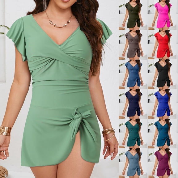 COMVALUE One Piece Swimdress for Women Tummy Control Swimsuits Swim Dress Skirt Ruffle Bathing Suits (Coffee, M)