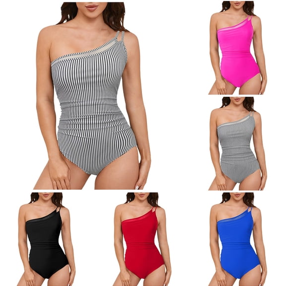 COMVALUE One Shoulder One Piece Swimsuit for Women Tummy Control Bathing Suits Modest Full Coverage Keyhole Swimwear (Hot Pink, XXL)