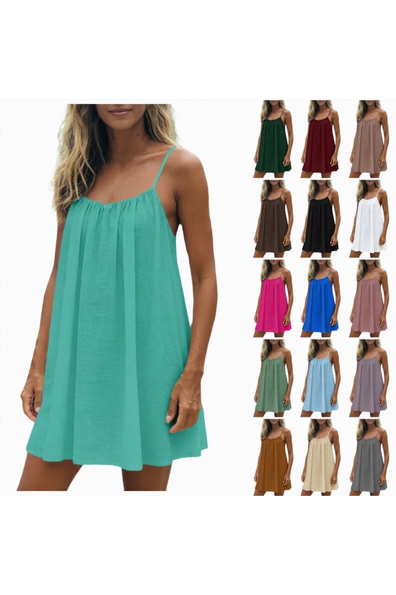 Open Back Summer Dress for Women Spaghetti Strap Summer Beach Flowing Sundress Swing Solid Color Sundress Bronze M