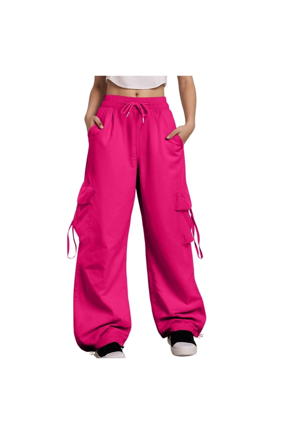 Parachute Pants Woman Y2K Fashion Baggy Cargo Pants Drawstring Elastic Streetwear Trousers with Pockets (Hot Pink XXL)