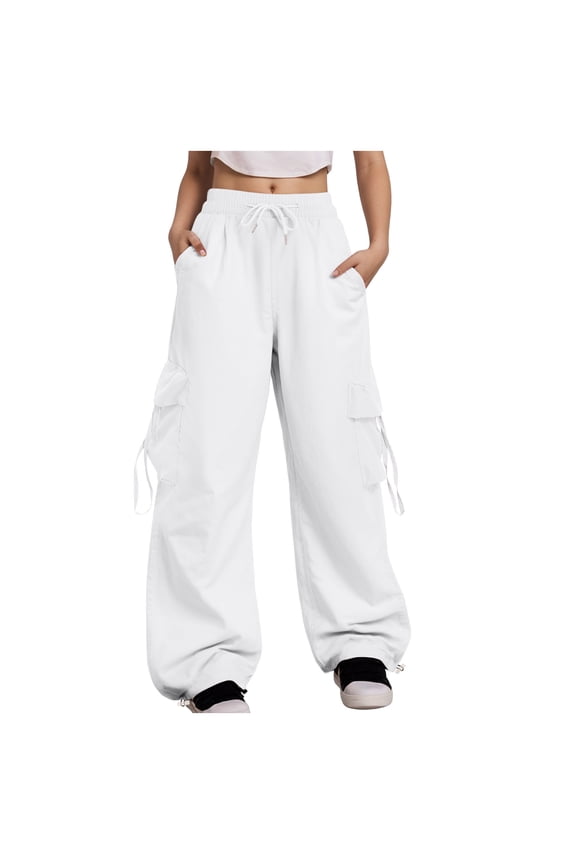 Parachute Pants Woman Y2K Fashion Baggy Cargo Pants Drawstring Elastic Streetwear Trousers with Pockets (White S)