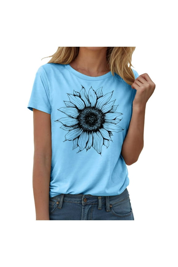 Patriotic American Flag Sunflower Graphic Tee for Women 4th of July USA Star Stripe Top (Sky Blue, S)