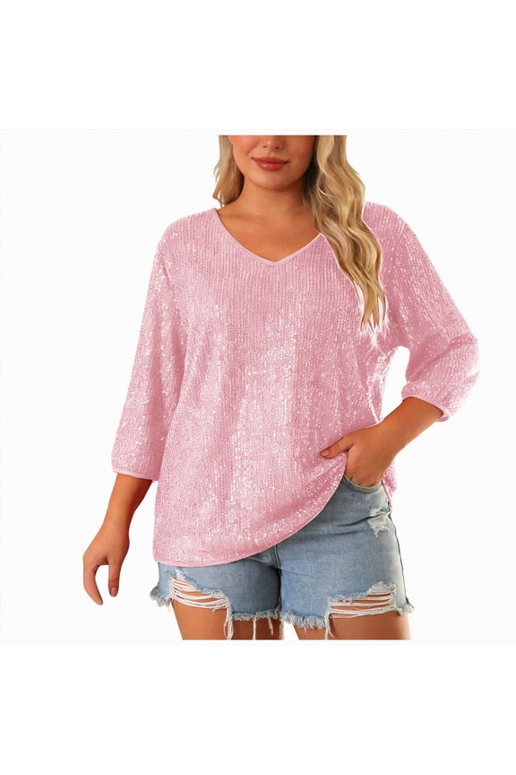Plus Size Glitter Tops for Women 3/4 Sleeve Shirts Evening Cocktail V Neck Sequin Blouse Tunic Weddings Pink for Size XXL