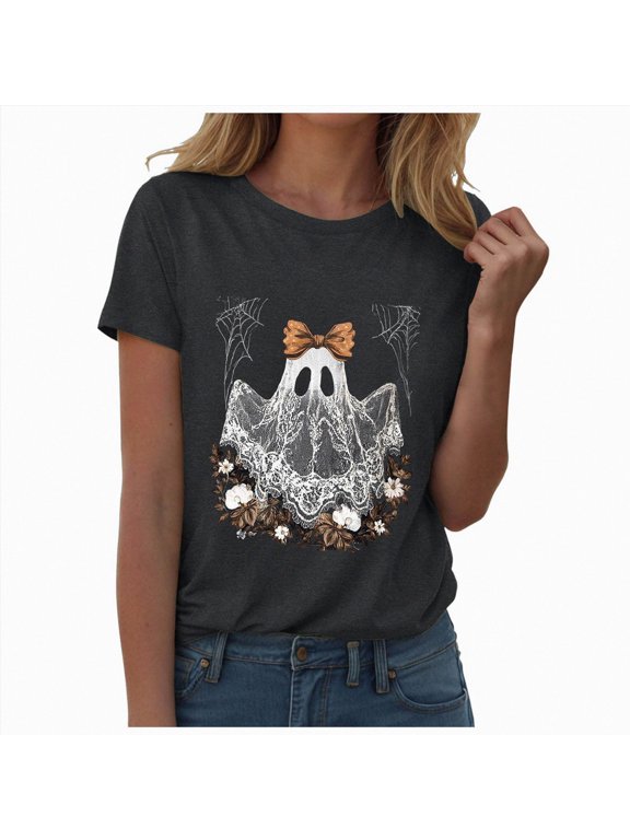 Plus Size Halloween Shirt Women Ghost Graphic T Shirt Halloween Fall Short Sleeve Tops Grey for Size L