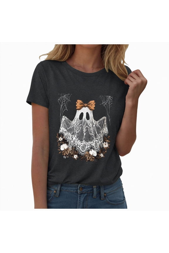 Plus Size Halloween Shirt Women Ghost Graphic T Shirt Halloween Fall Short Sleeve Tops Grey for Size XXL