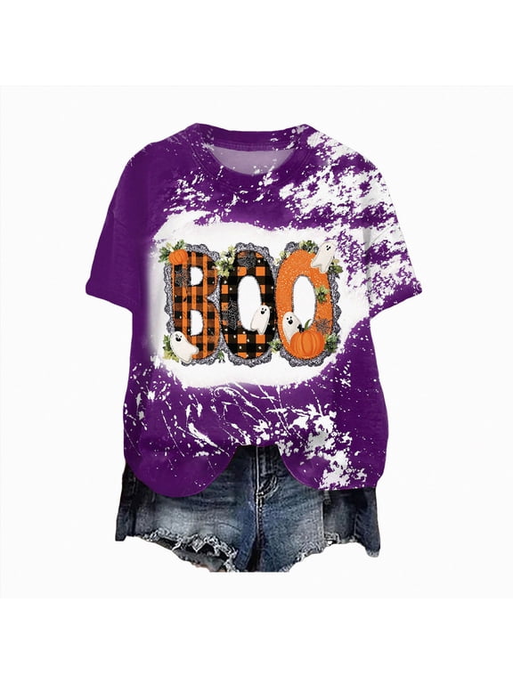 Plus Size It's Fall Y'all T-Shirt Women Halloween Bleached Shirt Leopard Plaid Pumpkin Graphic Tees Casual Fall Tops Purple 3XL