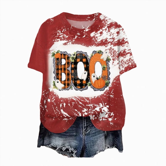 COMVALUE Plus Size It's Fall Y'all T-Shirt Women Halloween Bleached Shirt Leopard Plaid Pumpkin Graphic Tees Casual Fall Tops Red XL
